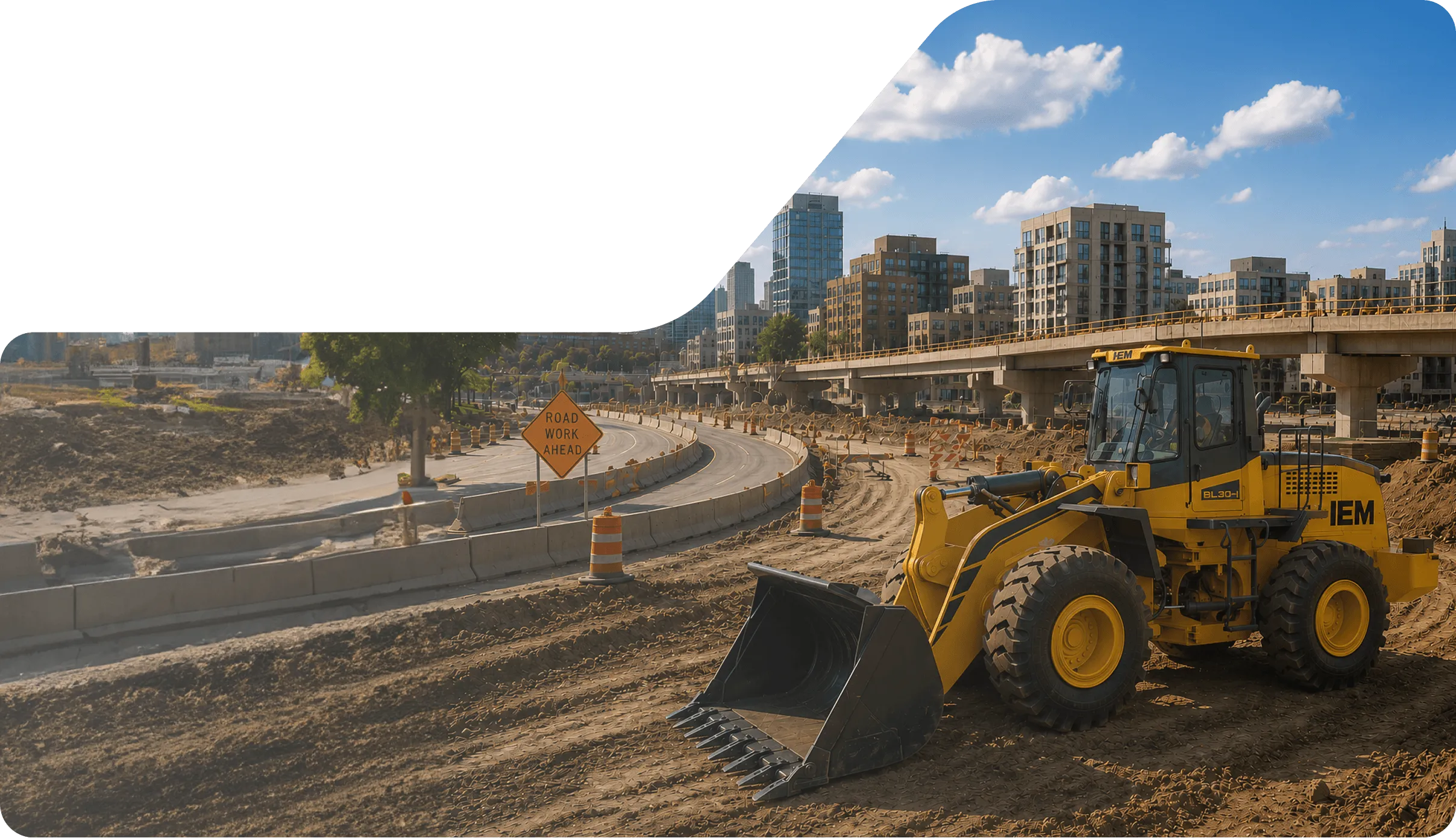 Yellow front loader excavator on dirt road near road work sign and urban buildings under blue sky.