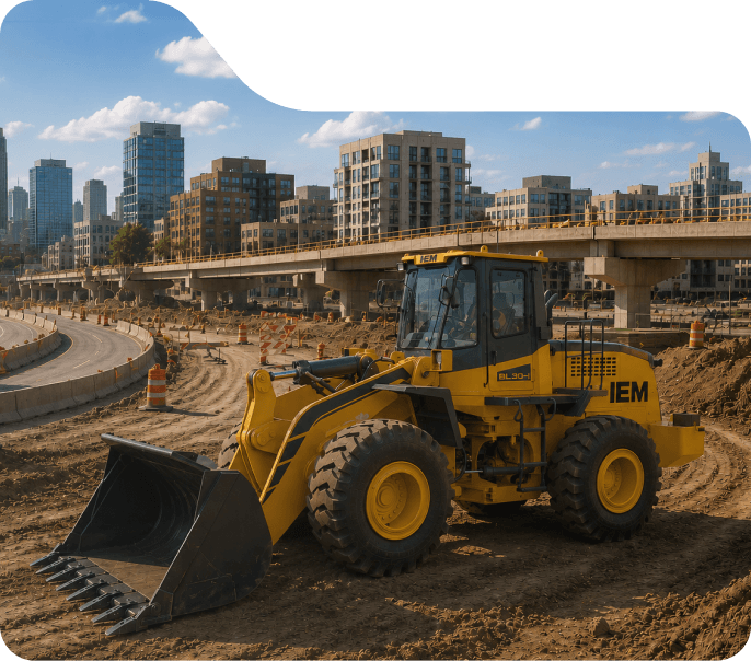Yellow construction loader on dirt near highway underpass with apartment buildings in background.