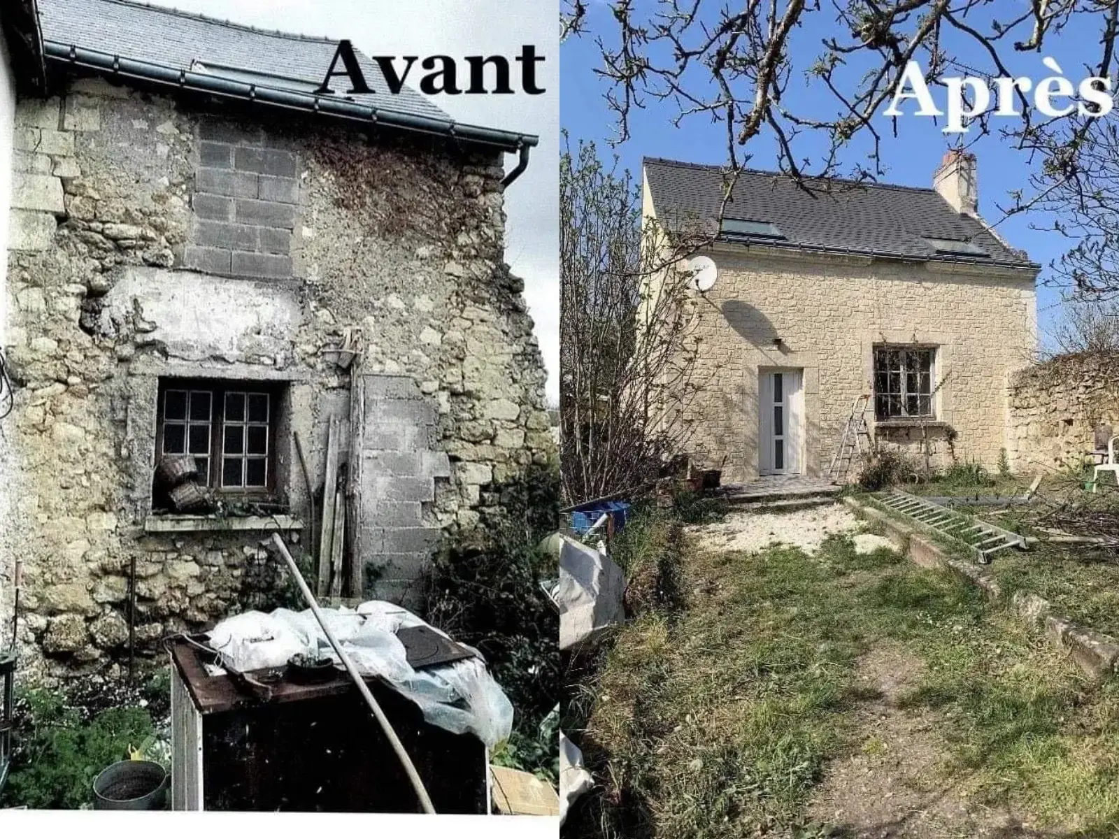 Façade de maison en pierre avant et après rénovation en Loire-Atlantique – résultat travaux couvreur façadier secteur La Baule