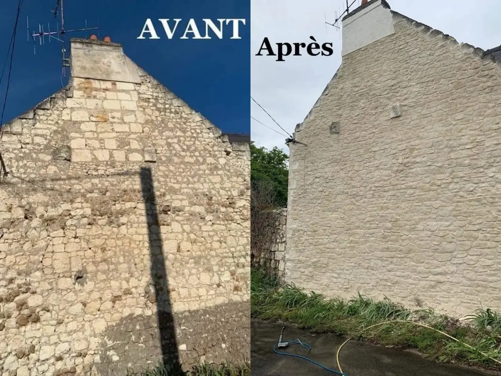 Pignon de maison ancienne en pierre avant et après rejointoiement – rénovation façade en Loire-Atlantique, couvreur façadier La Baule