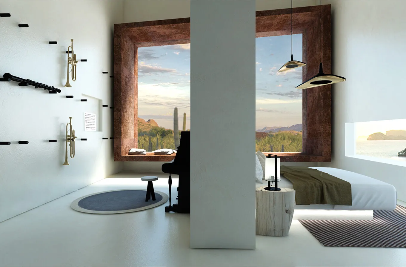 Modern minimalist bedroom interior design featuring a large panoramic window with a scenic landscape view - Studio Moravová.