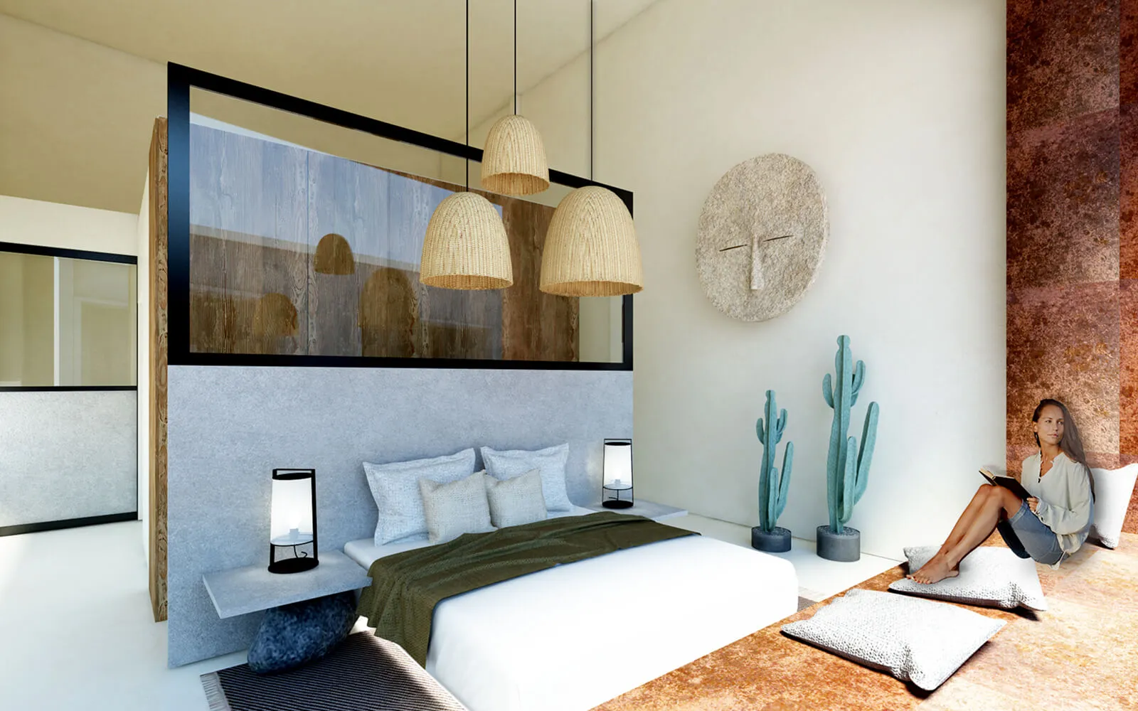Luxury interior design bedroom in Ibiza with ambient lighting, custom wooden headboard, and decorative Balearic cacti.