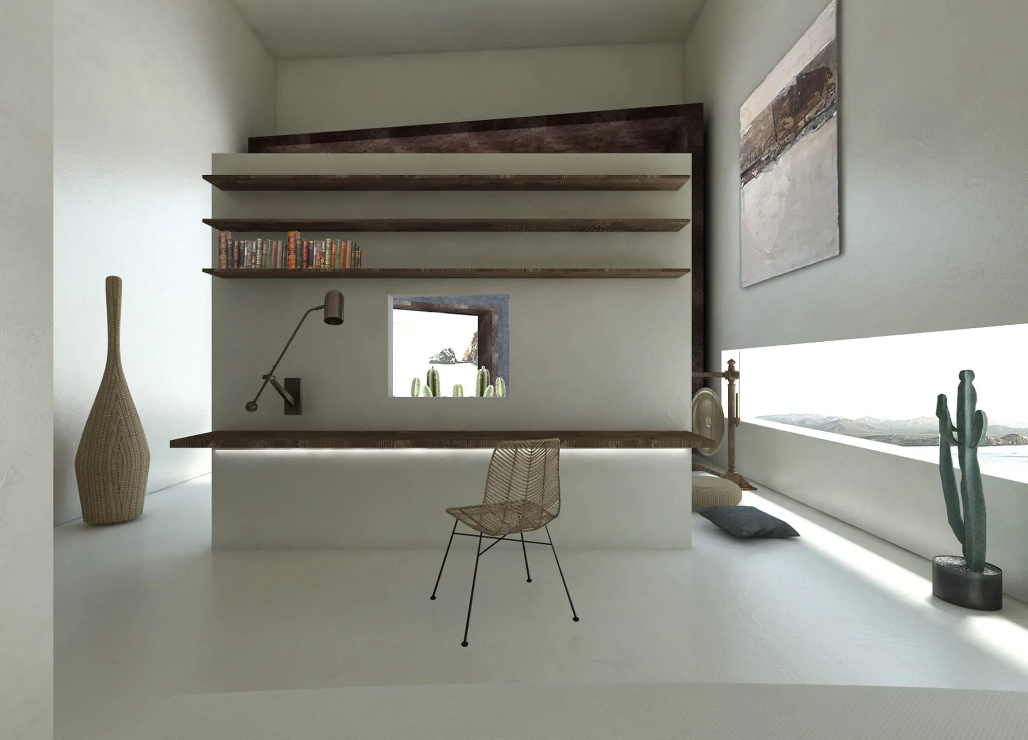 Boutique studio workspace design with sleek integrated floating shelves, minimalist chair, and sculptural silhouettes.