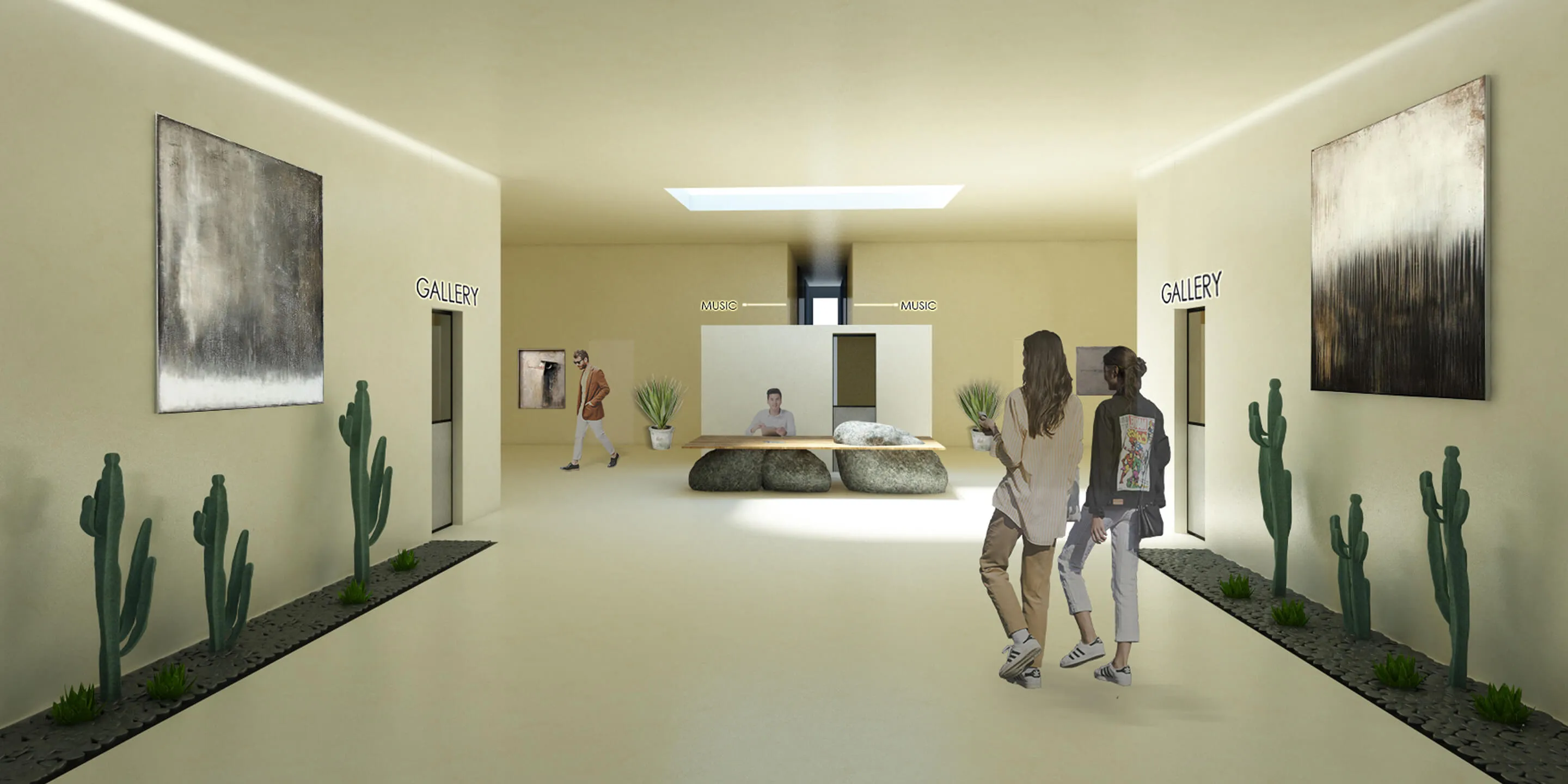 Contemporary interior architecture gallery hallway with seamless concrete flooring, abstract art, and indoor cactus planters.