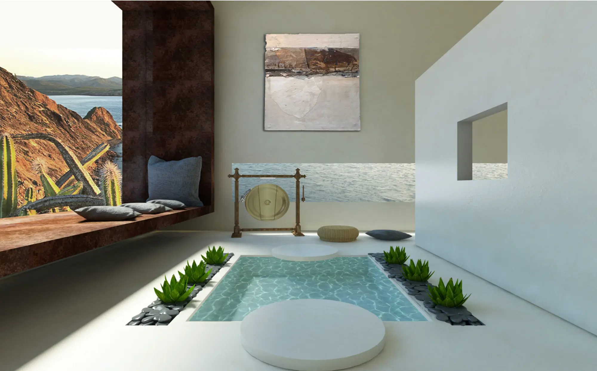 Modern indoor space with a sunken pool surrounded by plants and cushions, with a large window view.