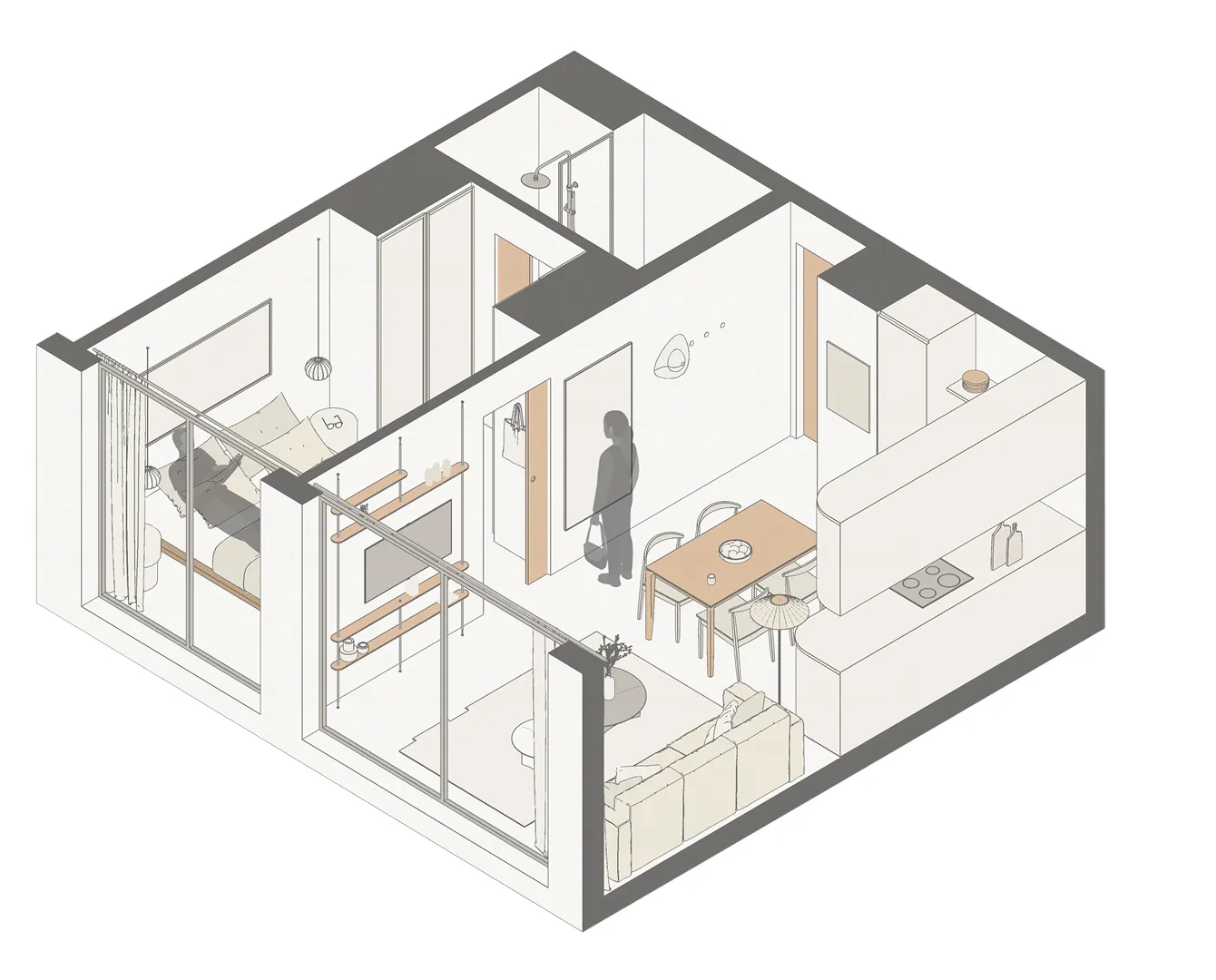 3D isometric floor plan rendering of the Can Lantana luxury apartment layout, designed by Studio Moravova in Ibiza.