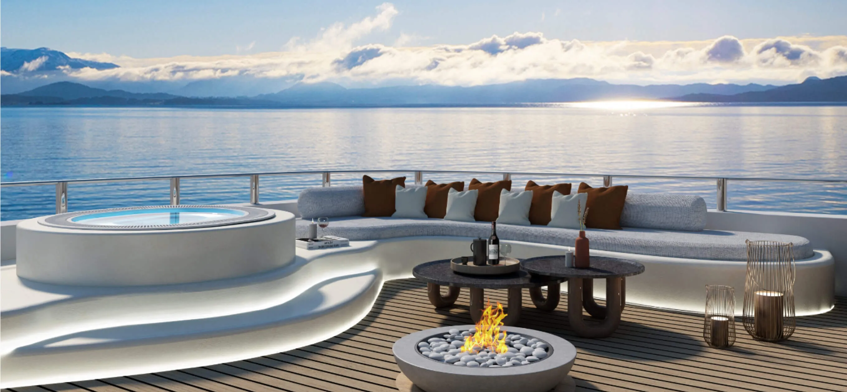 Luxury interior design and outdoor deck styling for the Ying Yang project, featuring a custom circular jacuzzi, a curved lounge sofa with brown cushions, and a modern fire pit overlooking the sea.