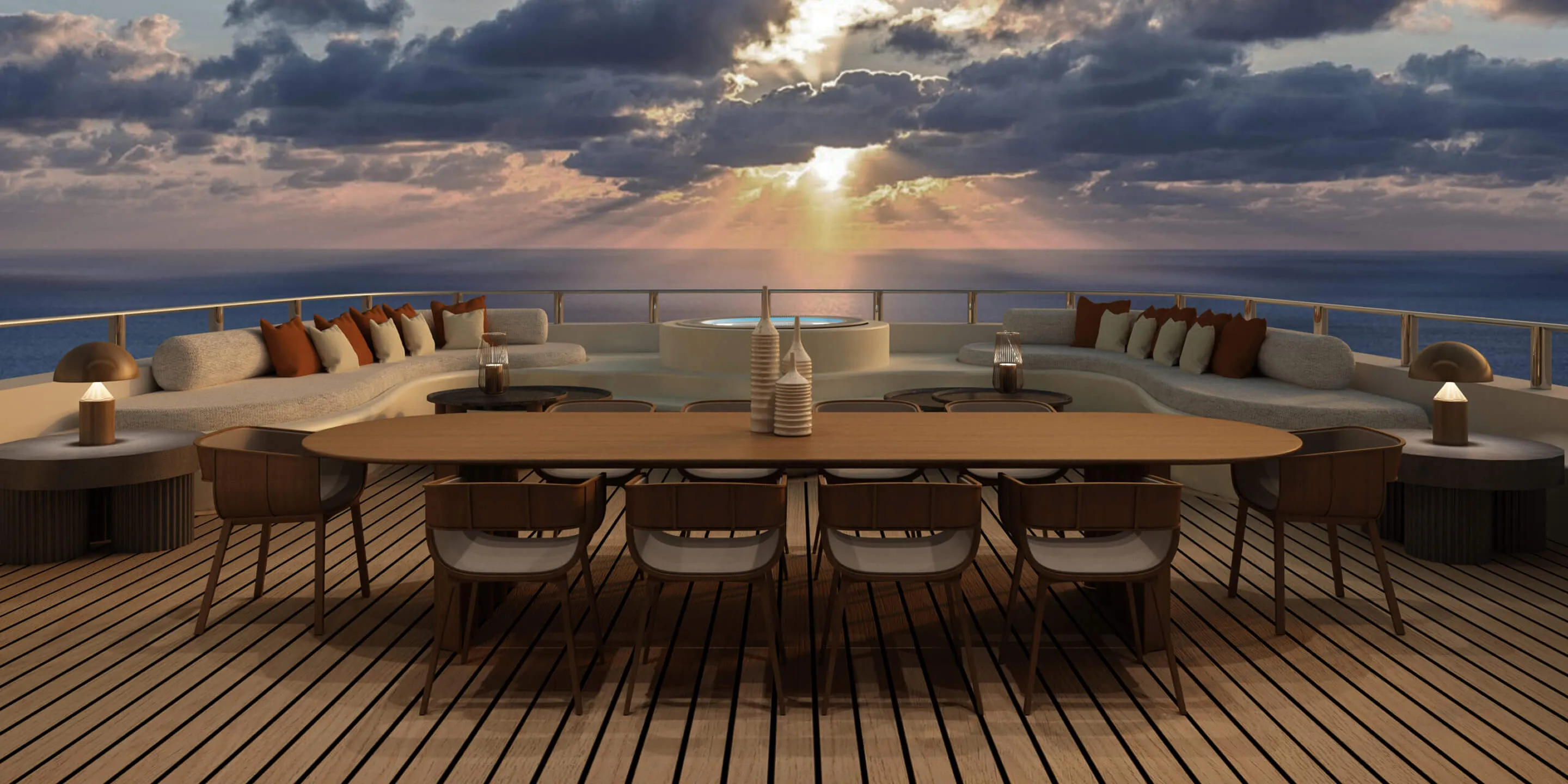 High-end interior architecture and outdoor dining design for the Ying Yang project, showcasing a large oval wooden dining table, minimalist chairs, and a dramatic sunset view over the ocean.