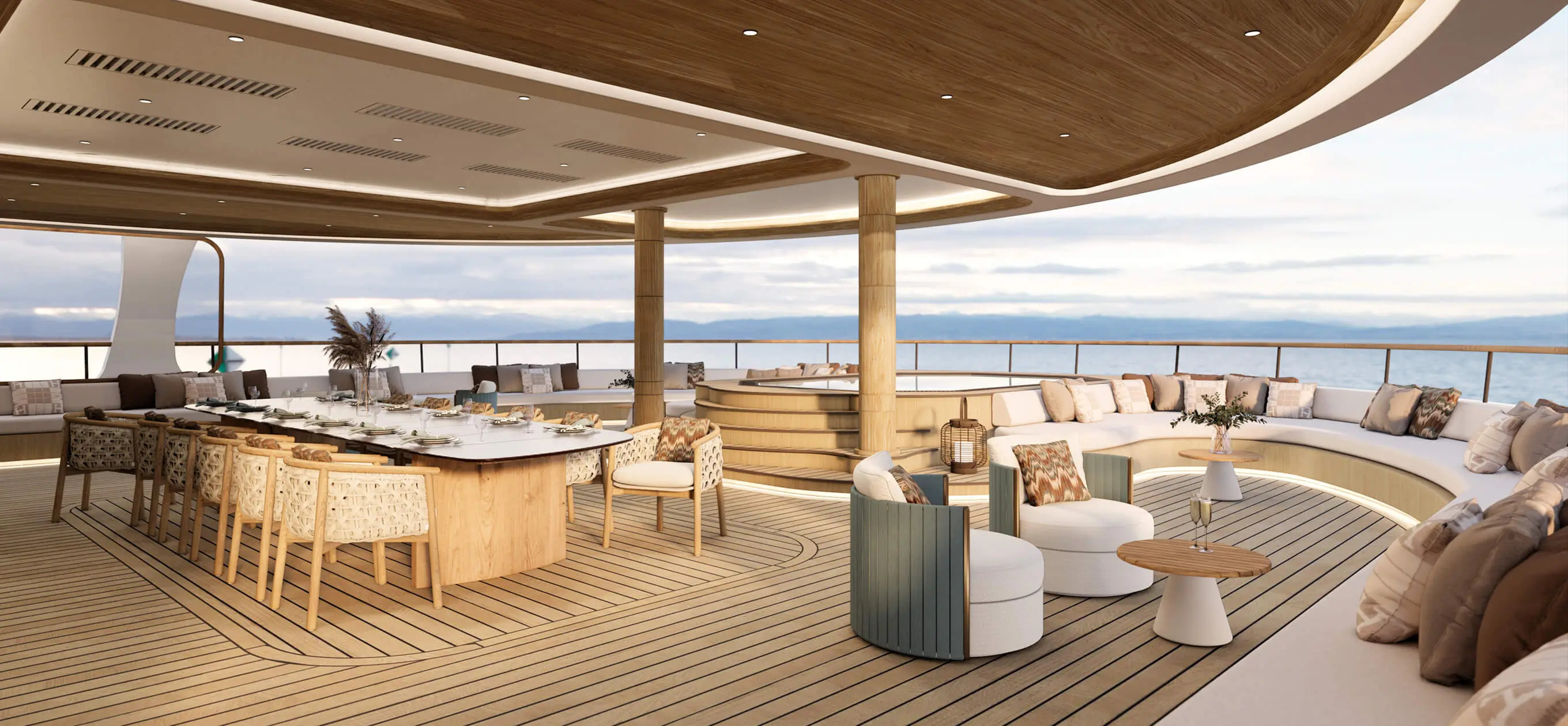 Luxury yacht upper deck featuring a custom wooden dining table, curved lounge seating, and a jacuzzi. Bespoke exterior living design for a 75m yacht refit in Palm Beach, Florida by Studio Moravova.