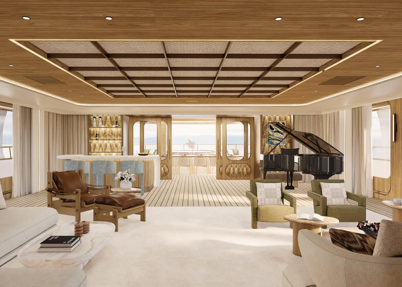 Open-plan main saloon interior design of the Bird of Paradise luxury yacht refit. The space establishes a contemporary residential atmosphere with a glossy black grand piano, a custom cocktail bar with blue upholstered stools, organic cream sofas, and a de