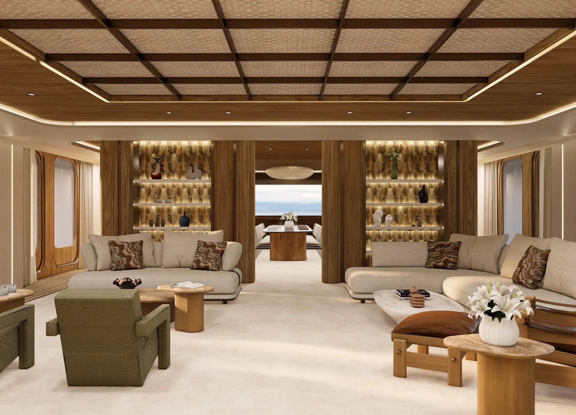 Immersive main saloon interior of the Bird of Paradise luxury yacht refit. The contemporary design highlights a warm wood coffered ceiling, organic cream sofas, textured stone coffee tables, and bespoke backlit carved timber panelling displaying curated ar