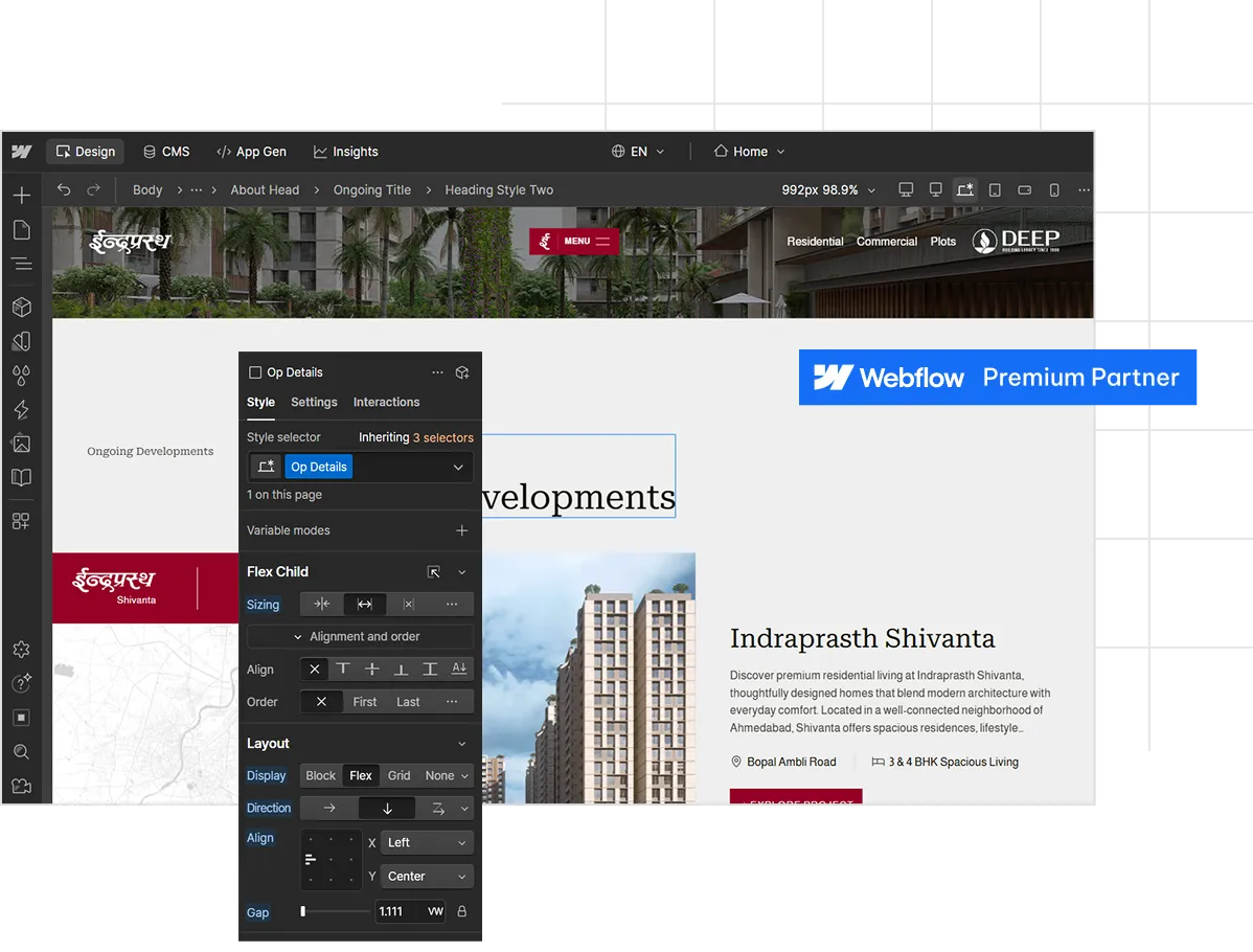 Webflow design interface showing style settings for text 'Ongoing Developments' on real estate webpage.