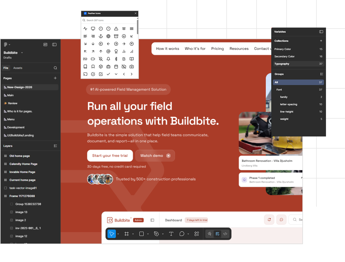 Buildbite interface showing field management solution with menu, icon picker, and typography settings panels.