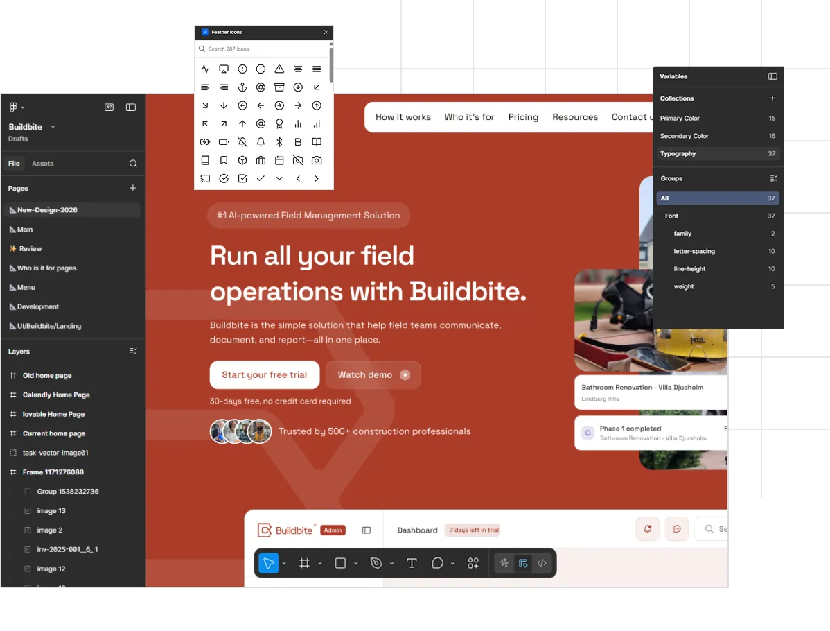 Buildbite interface showing field management solution with menu, icon picker, and typography settings panels.