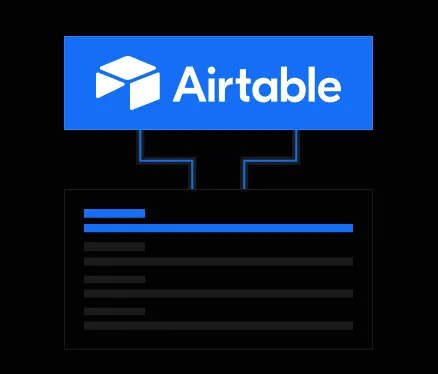Airtable logo connected by lines to a list with one highlighted blue item and four gray items below.