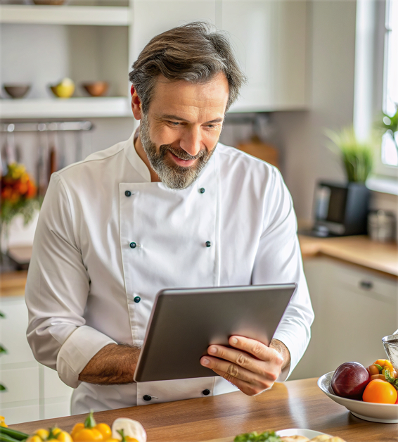 Male chef in white uniform smiling while using a tablet in a modern kitchen with fresh produce nearby.