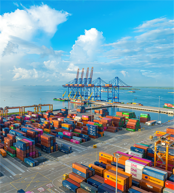 Cargo shipping port with colorful stacked containers and large blue cranes by the water under a blue sky.
