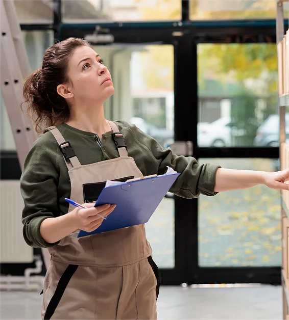 Warehouse worker holding clipboard, inspecting shelves while reaching for a box.