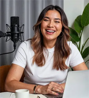 Smiling woman with long hair sitting at a laptop and microphone, in a room with plants.