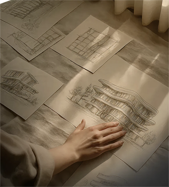 Hand touching architectural sketches of modern building designs on a table under soft light.
