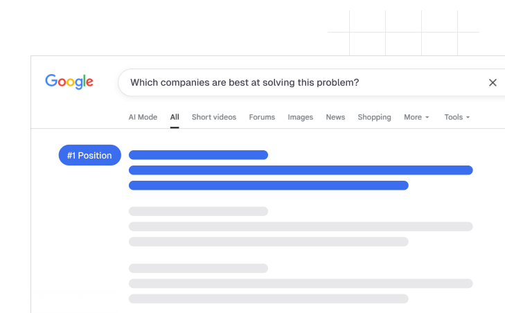 Google search results for 'Which companies are best at solving this problem?' with top results highlighted in blue.