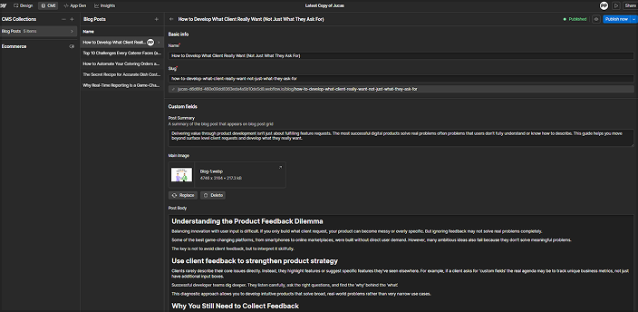 CMS interface showing blog post editor with fields for title, slug, summary, image, and article text sections.