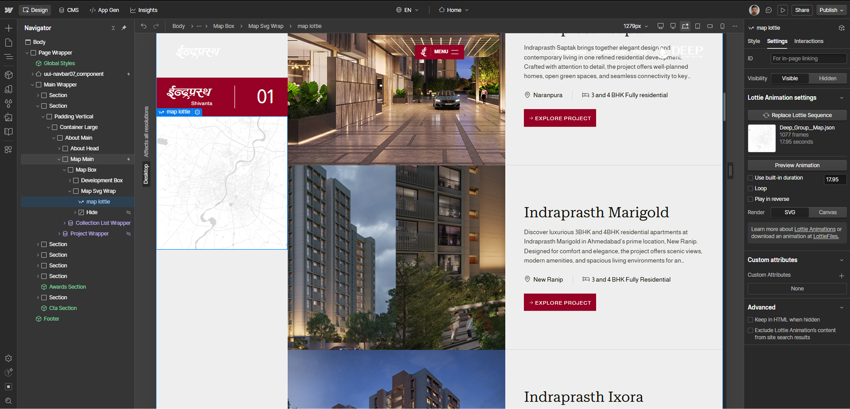 Web design interface showing a real estate project with images, map, and project details.