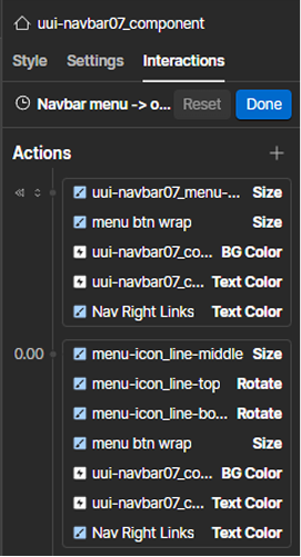 Interface panel showing style and interaction settings with actions like size, rotate, and text color options.