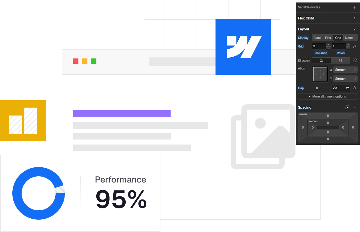 Browser window mockup with grid layout settings and a circular 95% performance chart.