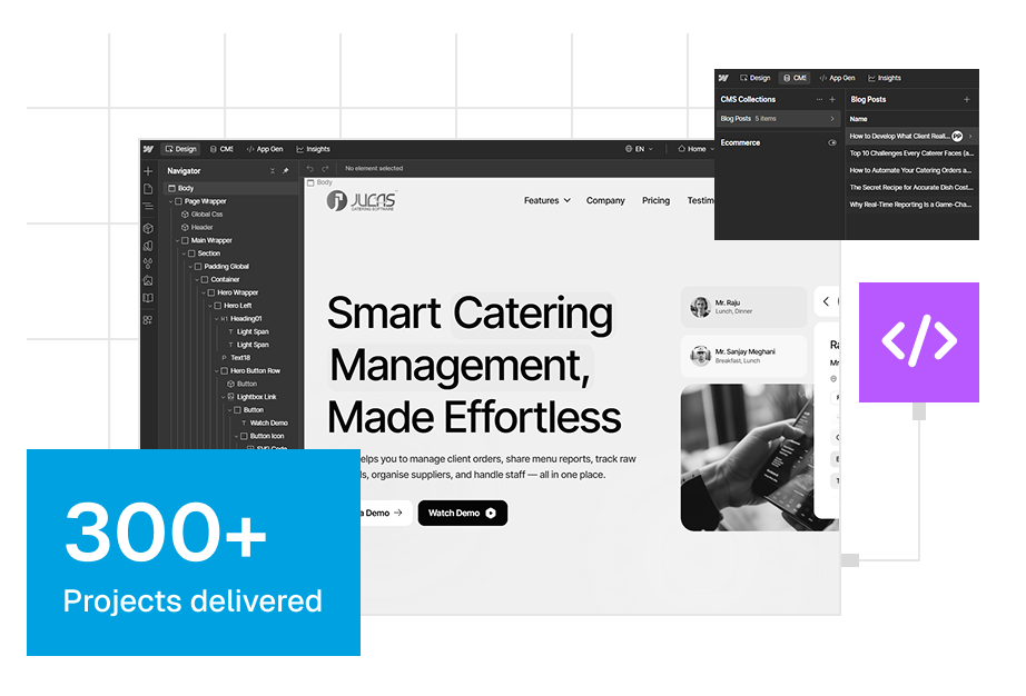 Website interface showcasing smart catering management with 300+ projects delivered badge.