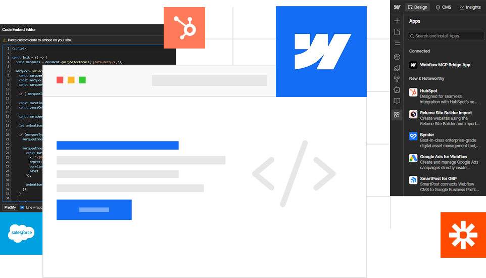 Web code embed editor screenshot with HubSpot, Webflow, Salesforce, and Zapier logos around a browser window.