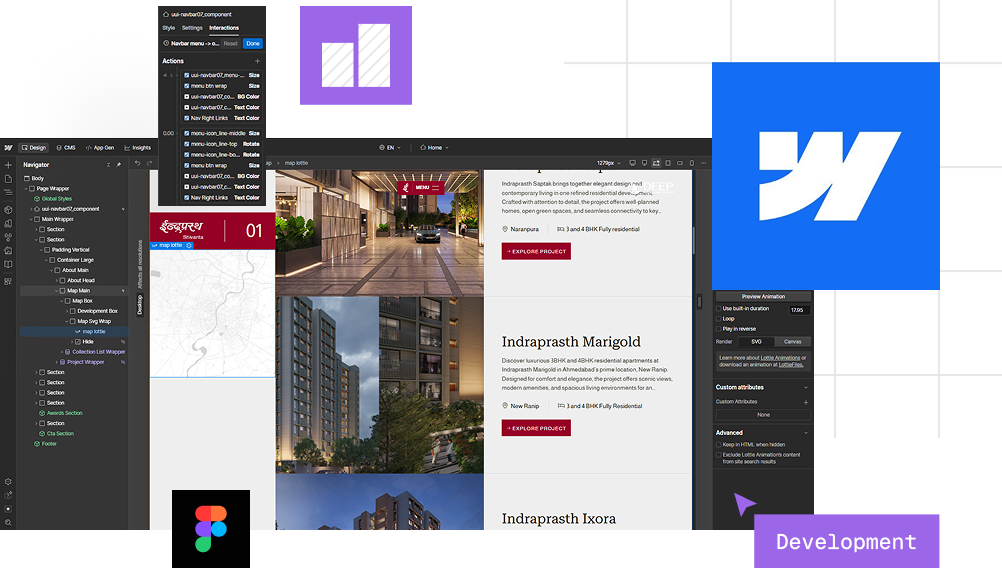 Screenshot of a web design development interface showing code, design previews, and UI component panels.