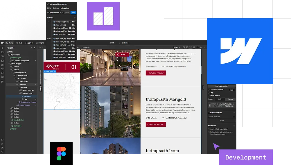 Screenshot of a web design development interface showing code, design previews, and UI component panels.