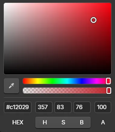Color picker showing a bright red shade with HEX code #c12029 and HSBA values 357, 83, 76, 100.