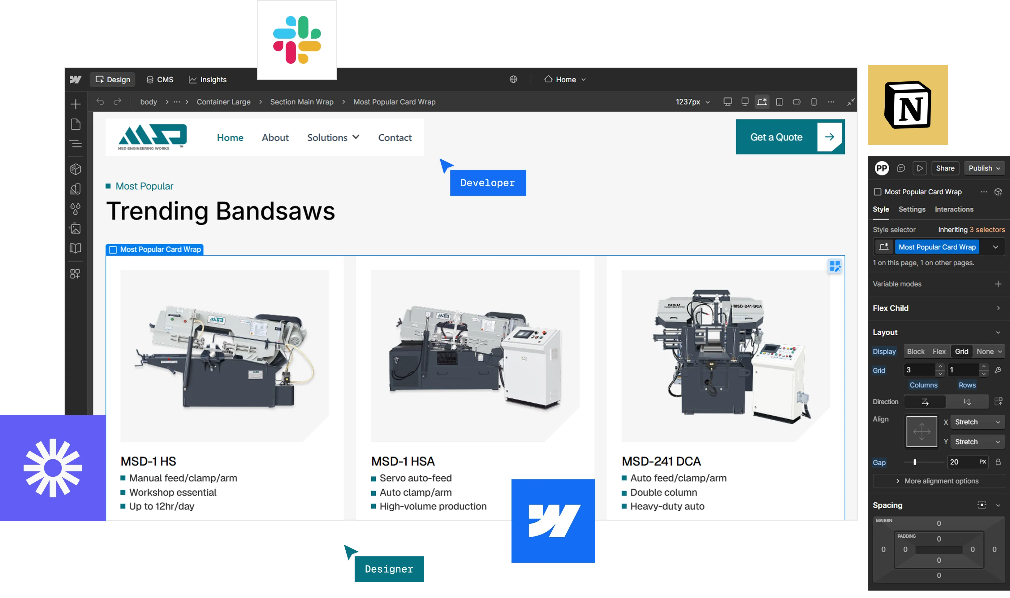 Three industrial bandsaws labeled MSD-1 HS, MSD-1 HSA, and MSD-241 DCA with features listed below each.