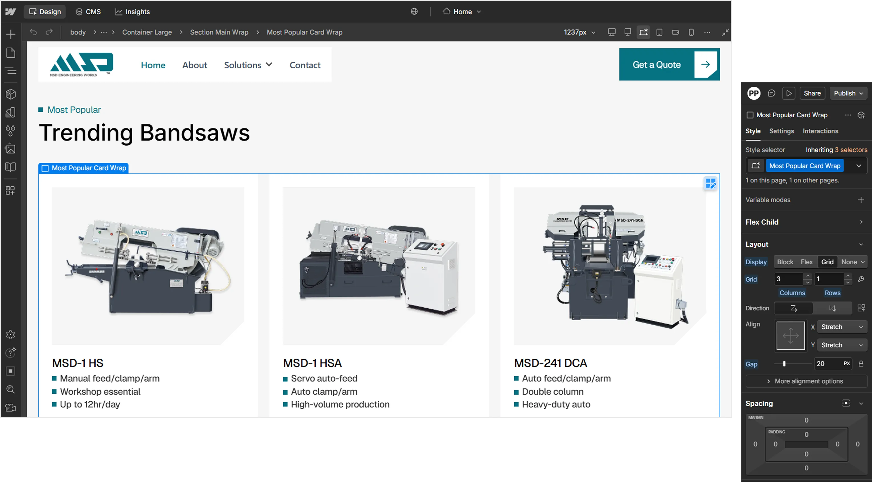 Three bandsaw models MSD-1 HS, MSD-1 HSA, and MSD-241 DCA with features listed below each image.