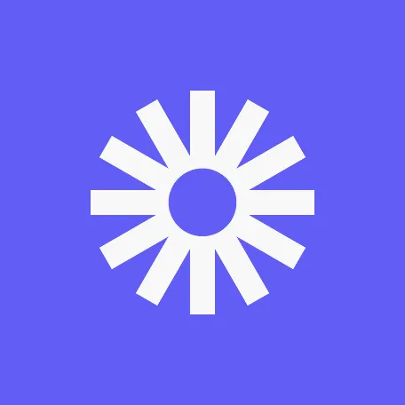 White sunburst or star icon with twelve rays on a purple square background.