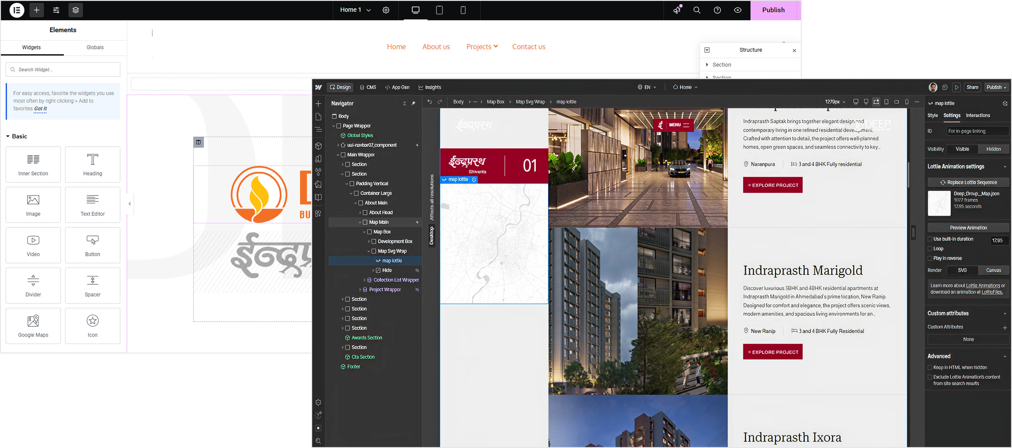 User interface of website builder showing design elements, navigator, project details, and animation settings.