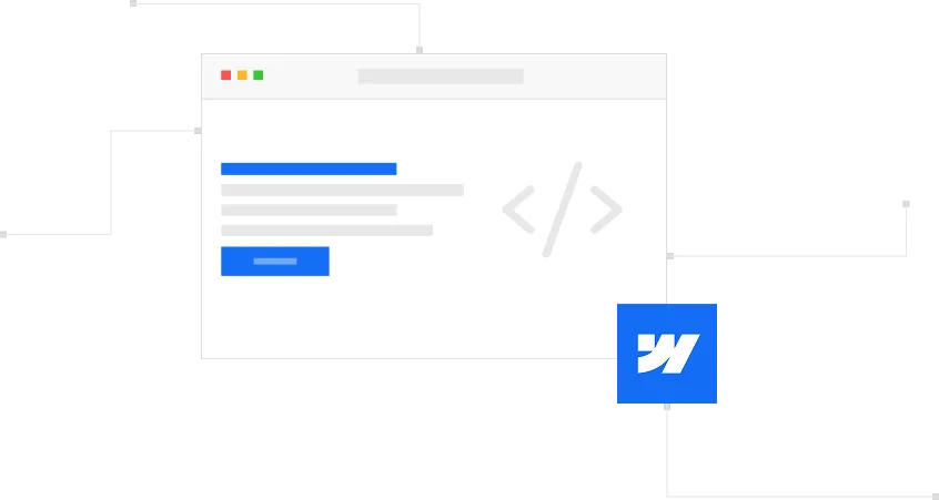Illustration of a browser window with code and connected Webflow logo on a black background.