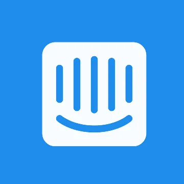 Intercom logo with stylized smile and vertical lines on blue background.