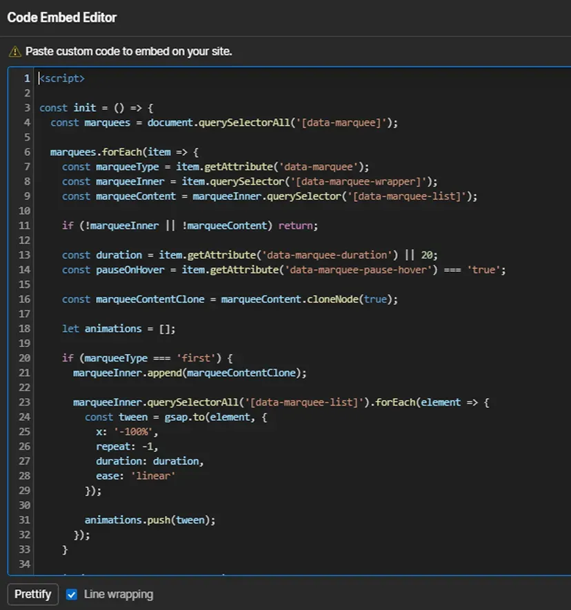 Code editor showing JavaScript function for animating marquee elements using gsap library with looping animation.