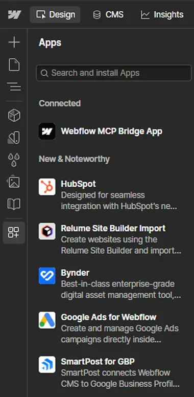 Webflow app panel shows connected Webflow MCP Bridge App and new apps like HubSpot and Google Ads.
