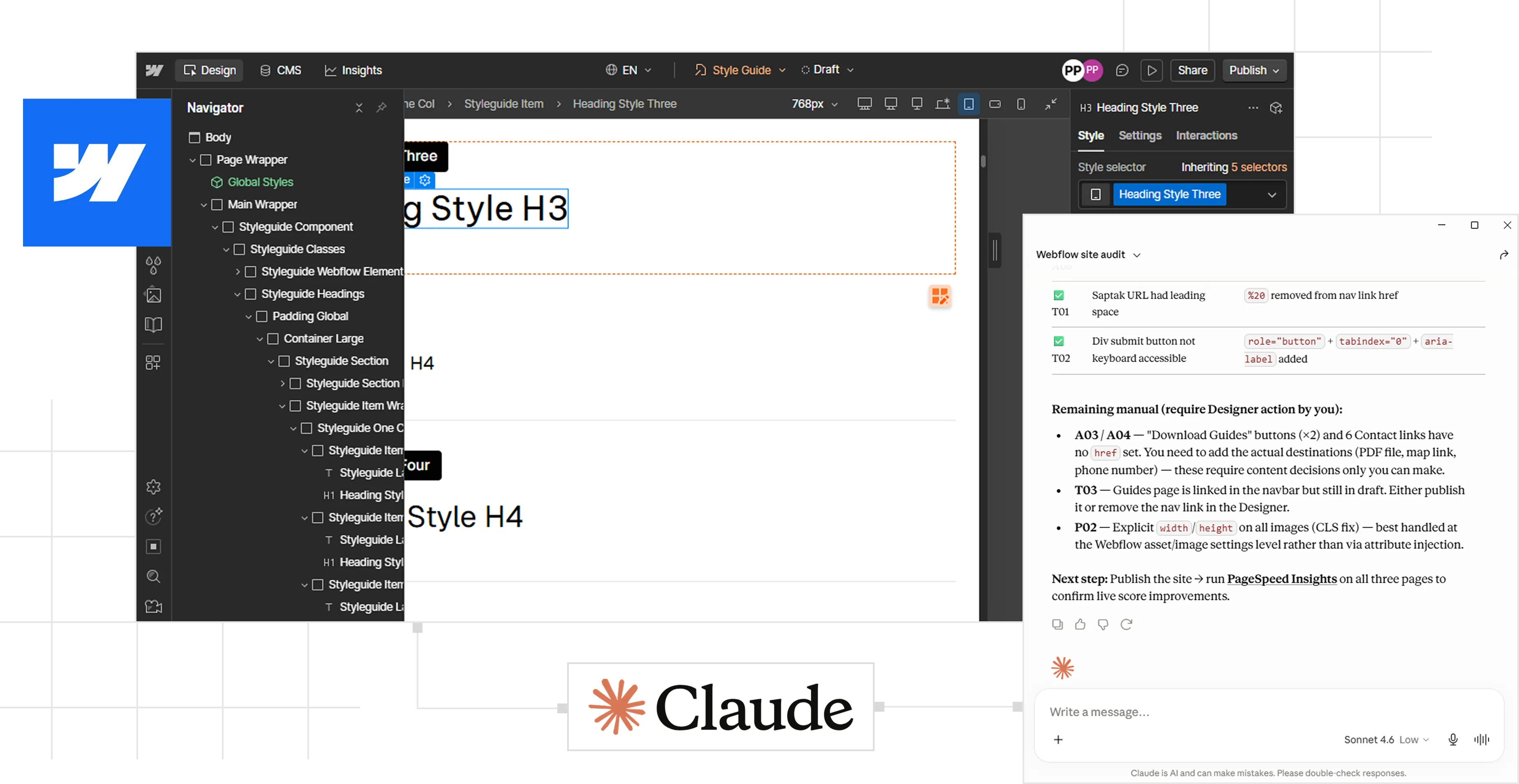 Screenshot of web design software with style guide on left and audit tool on right, Claude branding below.