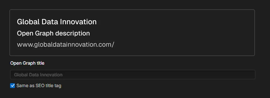 A web form showing Global Data Innovation Open Graph title and description settings with a website URL.