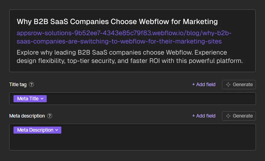 SEO tool interface showing meta title and description for a B2B SaaS Webflow marketing blog post.