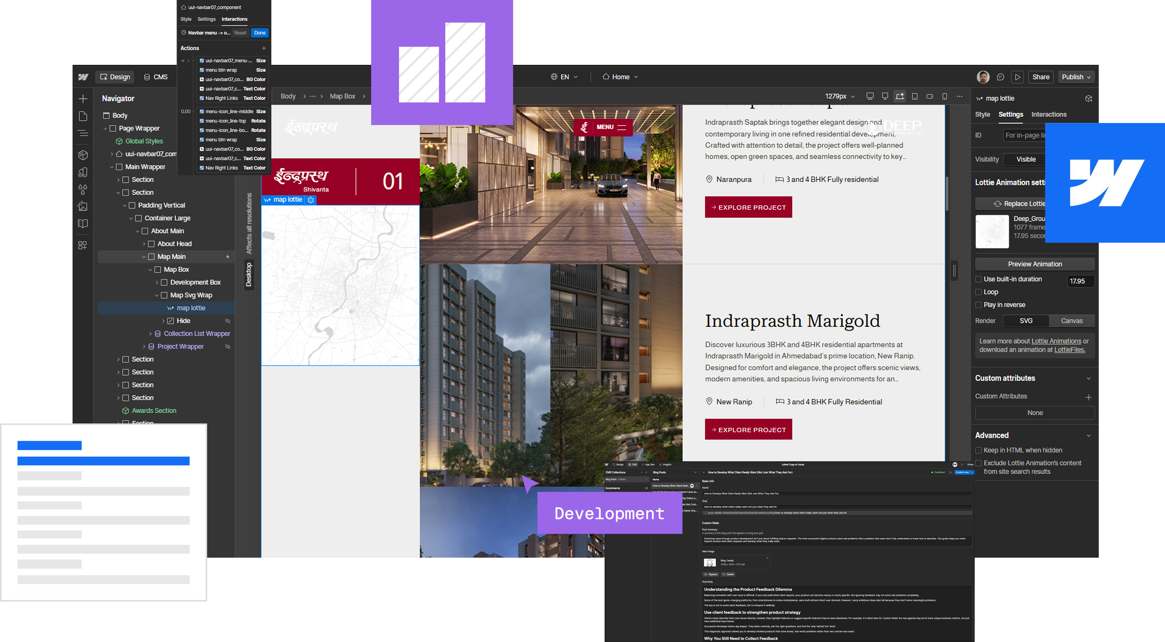 Web development workspace showing UI design, project details, and dev tools on multiple screens.