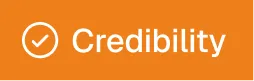 White checkmark icon next to the word Credibility on an orange background.