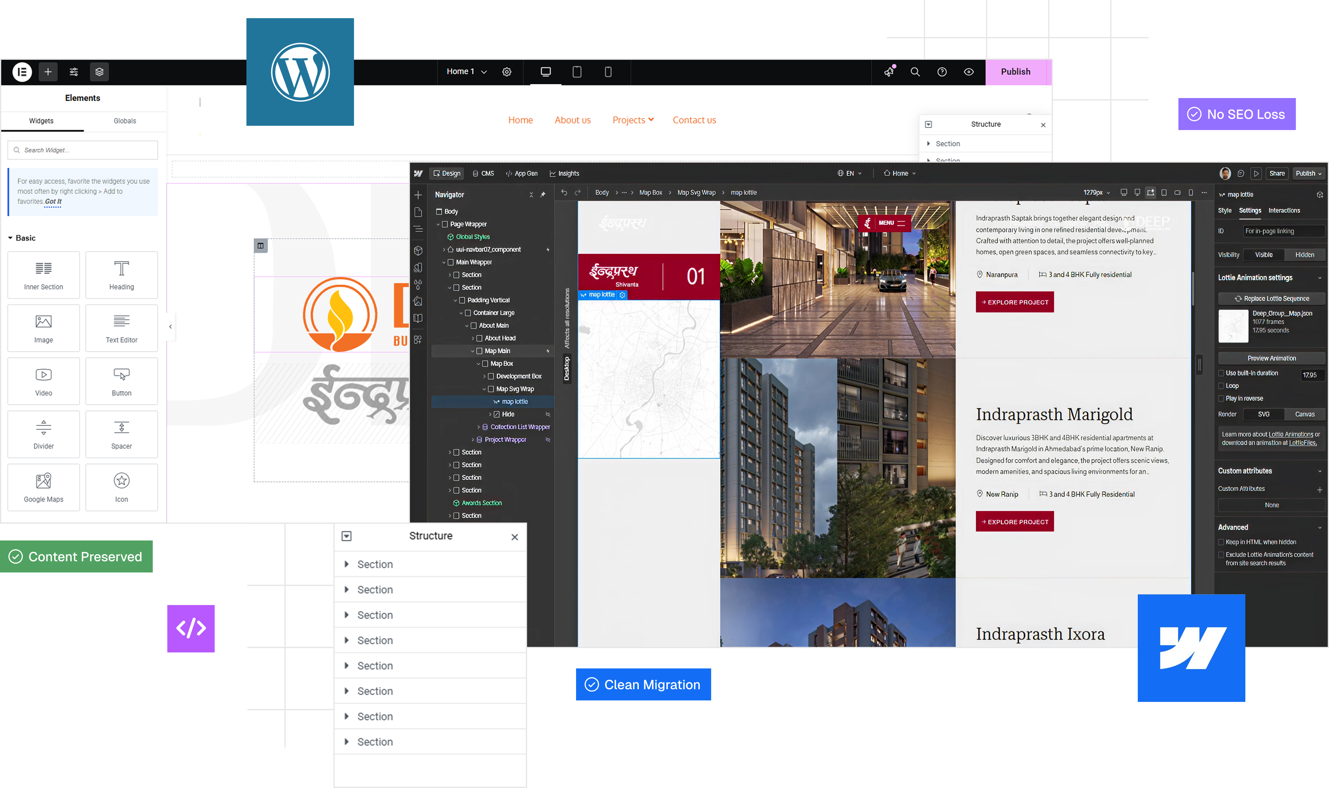 Screen showing website design and CMS interfaces with WordPress and Webflow logos and migration status icons.
