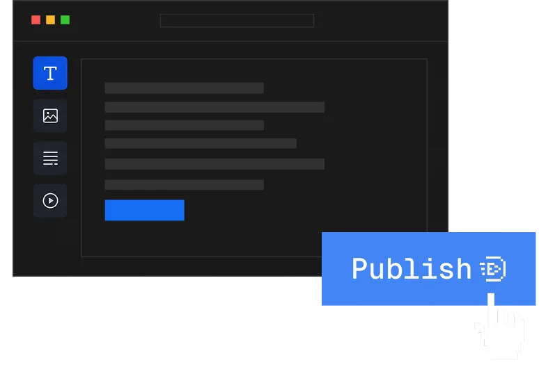 Cursor clicking a blue publish button on a dark-themed content editor interface.