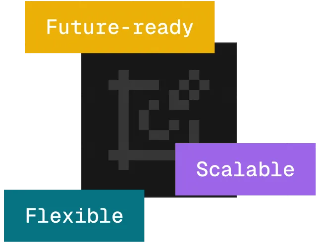 Graphic with words: Future-ready, Flexible, and Scalable around a pixelated chart icon.